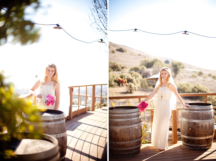 The bride poses on deck in front of San Jose hills.Bella Montagna San Jose Wedding Venue 001