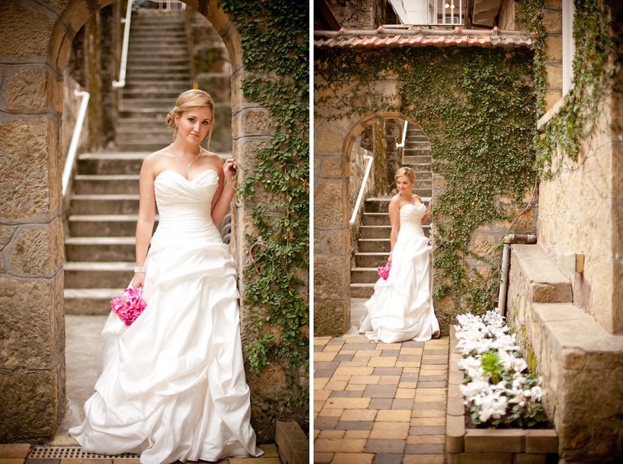 Bride leans against archway at Los Gatos winery.