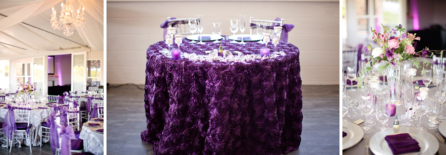 The bride and groom's reception table at Willow Heights mansion is decorated in diamonds and purple.