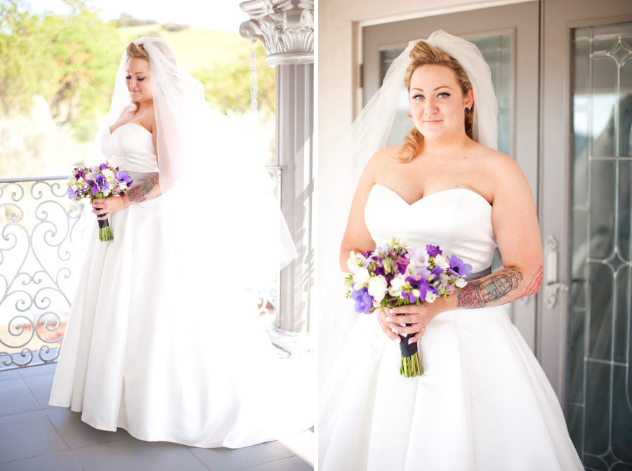 A portrait of the bride on the balcony of the mansion overlooking Morgan Hill.
