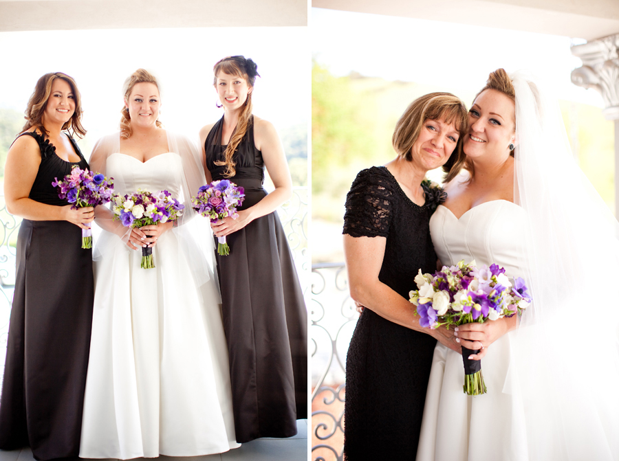 The bride takes pictures with mom and bridesmaids before the wedding.