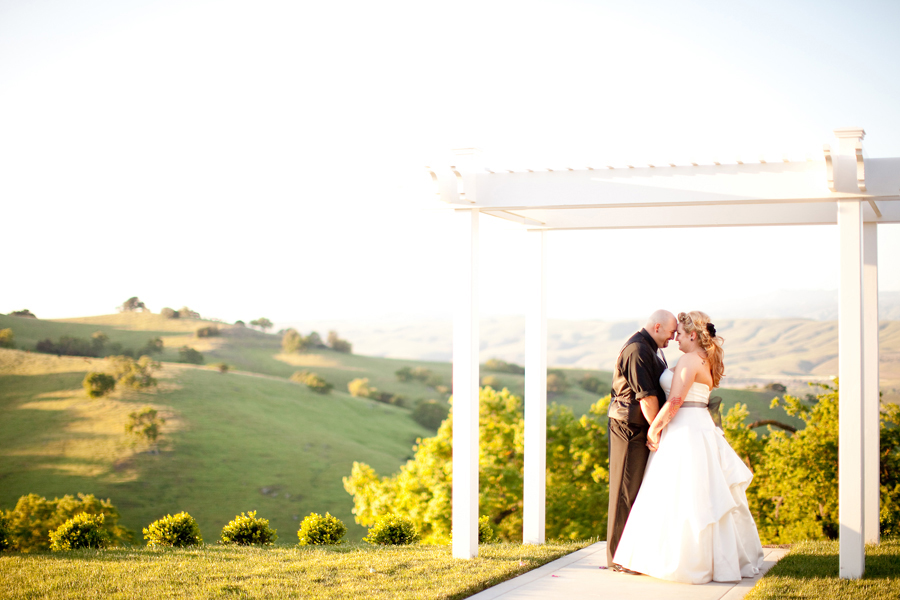The bride and groom stand before the green hills of Morgan Hill at the Willow Heights Mansion.