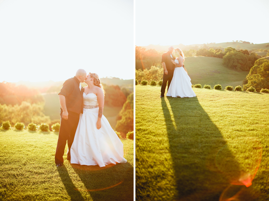 The bride and groom watch the sunset over the Morgan Hill valley.
