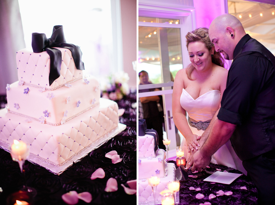 The bride and groom cut the wedding cake during the reception.