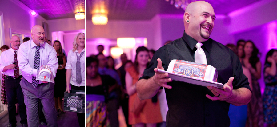 The groom is presented with a wedding cake that looks like a beer can.