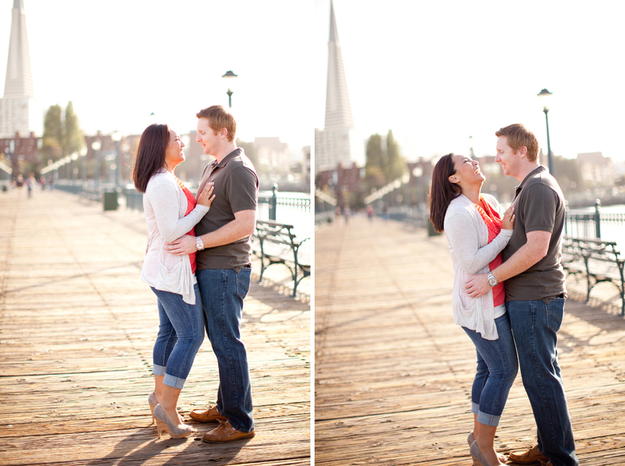 Sarah and Kyle walk down the San Francisco pier for their engagement.