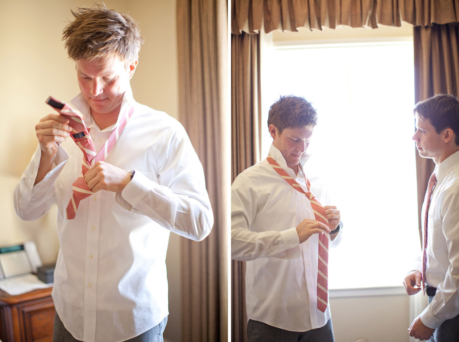 Groom puts his tie on for the wedding at Santa Margarita Ranch.