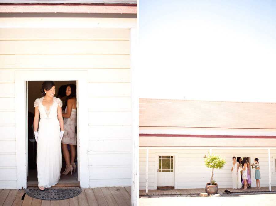 The bride exits the bridal suite with her ladies at Santa Margarita Ranch.