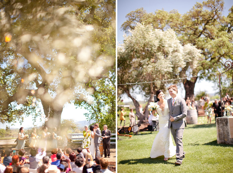 All smiles, the newly married couple walks down the aisle at Santa Margarita Ranch.