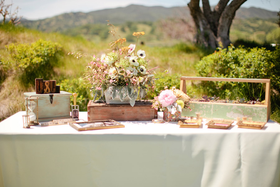 A welcome table for the wedding cocktail hour at Santa Margarita Ranch.