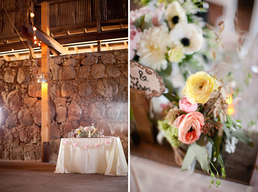 Details of the wedding reception at Santa Margarita Ranch's barn.