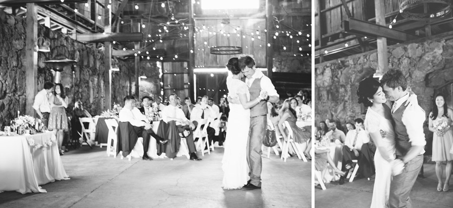 The bride and groom have their first dance inside the barn in Santa Margarita.