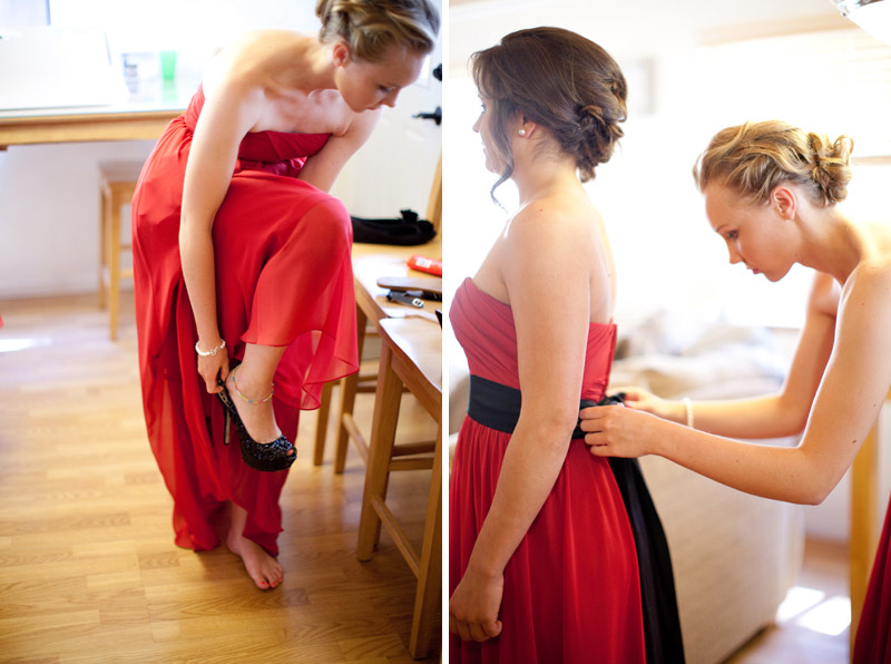 The bridesmaids put on their shoes and sashes for the Lake Tahoe wedding.