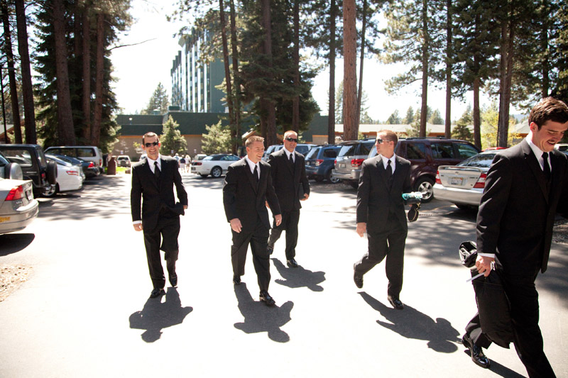 The men walk to the car for the wedding ceremony at Sand Harbor Park in Lake Tahoe.