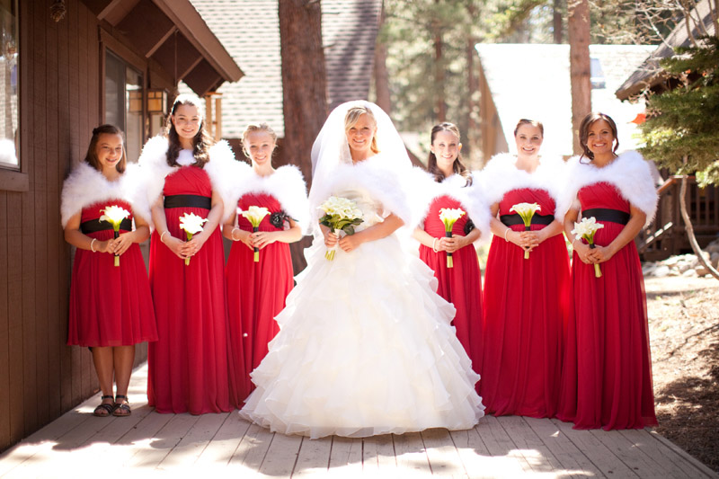 The bridesmaids wore fur shawls at this Lake Tahoe wedding.