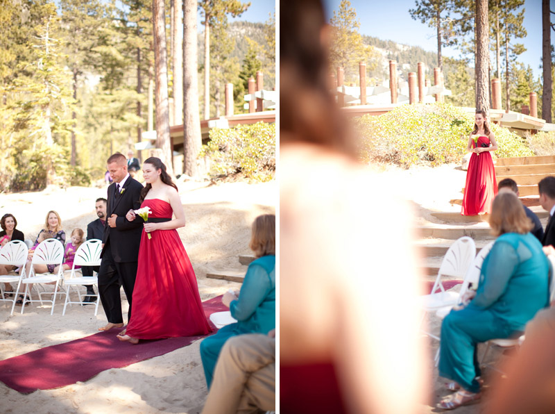 Bridesmaids wore red and black to the wedding ceremony in Lake Tahoe.