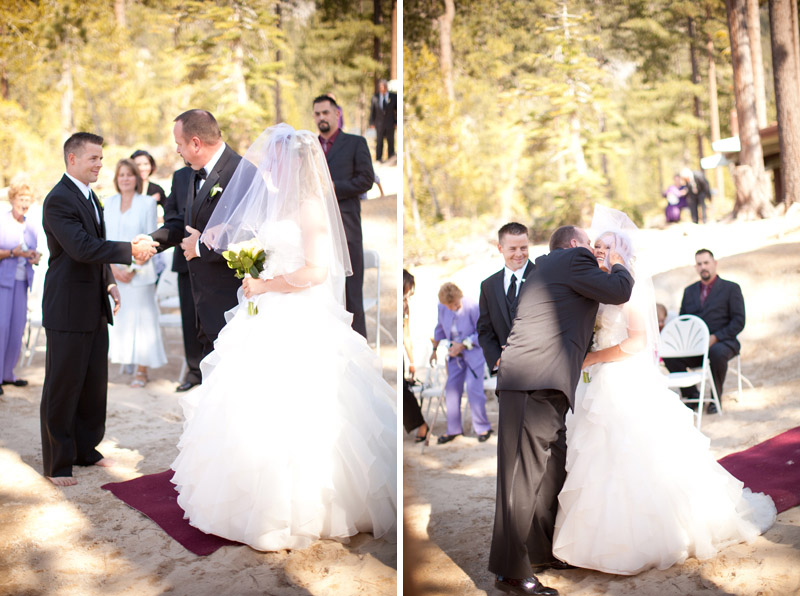 Father of the bride kisses the Lake Tahoe bride on the cheek before the wedding.