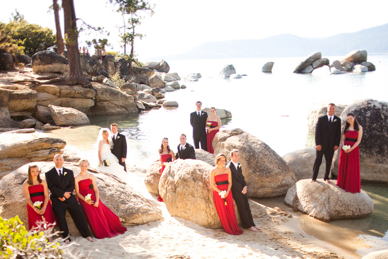 A group photo of the bridesmaids and groomsman at the beautiful Lake Tahoe wedding.