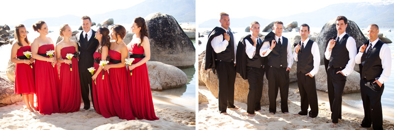The wedding party poses at Sand Harbor State Park for the Lake Tahoe wedding.