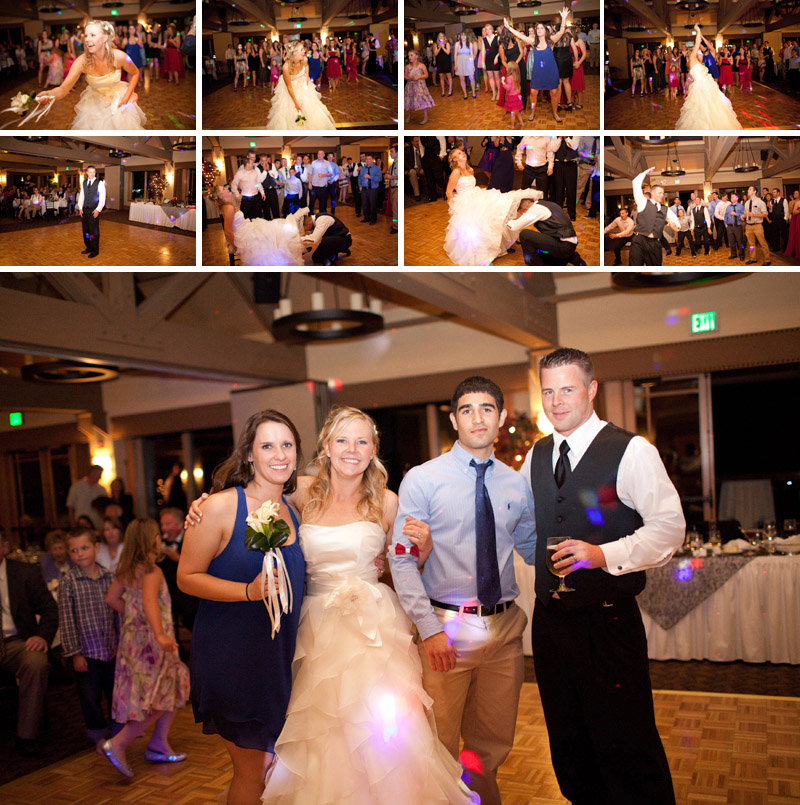 The bride and groom toss the bouquet and garter at the Chateau at Incline Village.