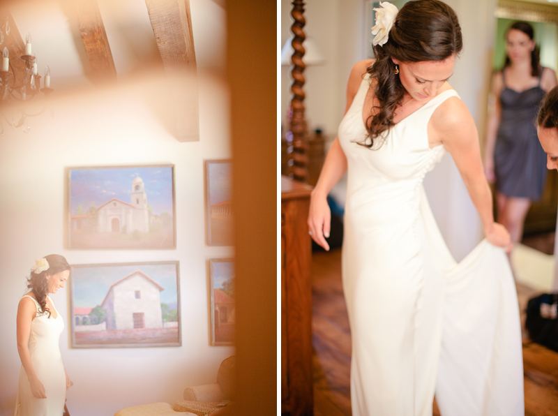 The bride finishes getting ready for her wedding at the private estate in Carmel Valley.