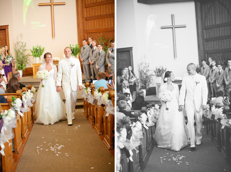 Walking down the aisle at the Mayflower Presbyterian Church in Monterey after their wedding.