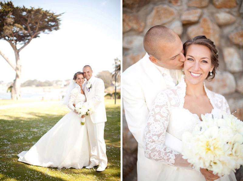 Brittany and Jordan smile for the camera in their wedding attire at Lover's Point in Monterey.