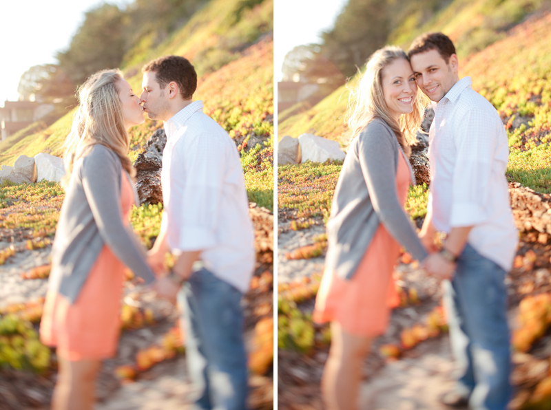 The couple kisses on the beach for their engagement pictures in Santa Cruz.