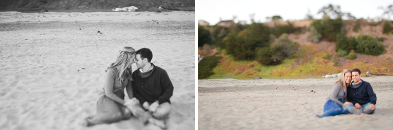 The two sit on the sand in Santa Cruz for their engagement pictures.