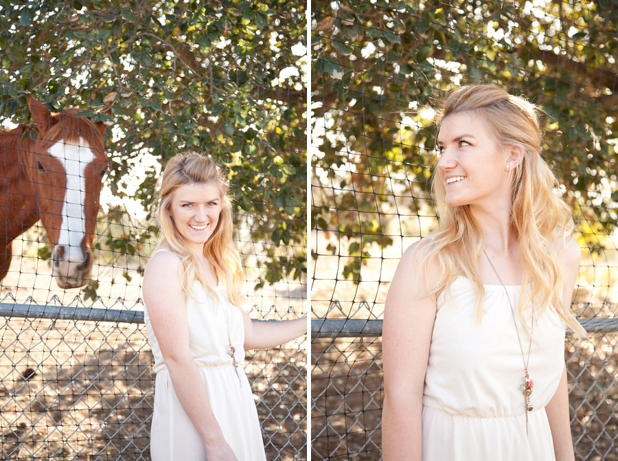 Bride laughs at the horse playing on San Jose hills.
