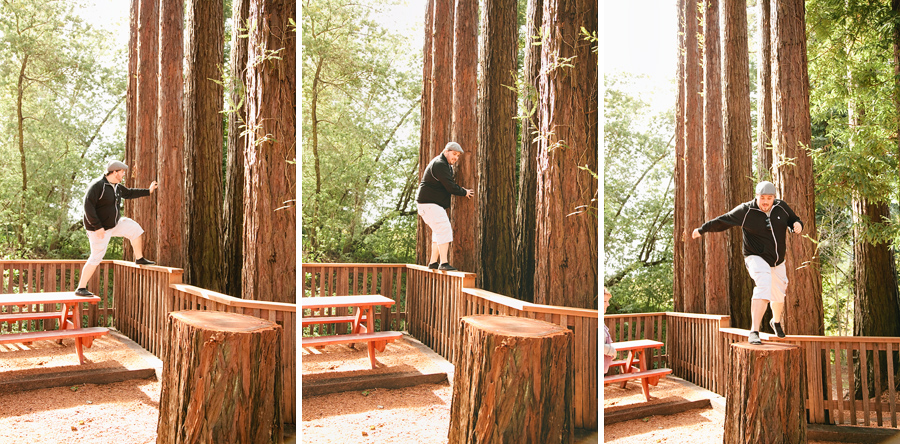 Jumping on the redwood stump in Santa Cruz Mountains